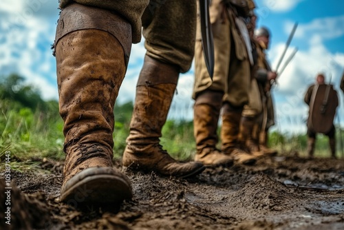 Historical Reenactment: Soldier Close-up with Medieval Weapons on Outdoor Battlefield