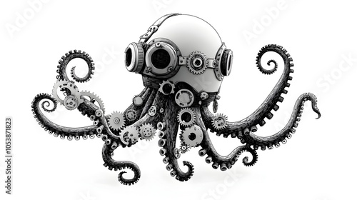 Detailed black and white engraved image of a mechanical octopus wearing a steampunk inspired diving helmet showcasing the creature s intricate tentacles and gears in a vintage scratch board style photo