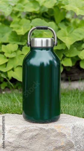 Refreshing green water bottle mockup resting on a stone in a lush meadow beside a serene spring stream with ample design space photo