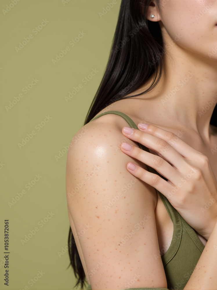 Woman holding shoulder in olive green top, chronic pain and muscle tension on green background Woman holding shoulder in olive green top, chronic pain and muscle tension on green background