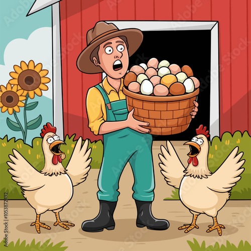 Surprised farmer holding a basket of eggs with chickens reacting.