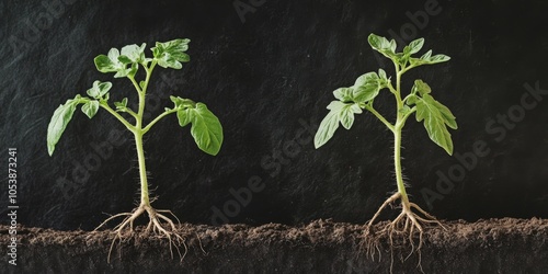 a plant of tomato leafes with great and big root growth and another one with less and tiny root growth photo