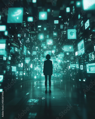 Silhouette of a person surrounded by floating digital icons in a data-driven virtual space, symbolizing information overload in the digital age