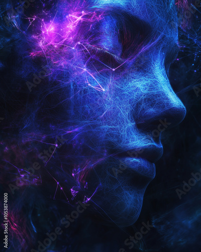 Face of a woman emerging from a web of glowing neural connections, symbolizing human and digital integration