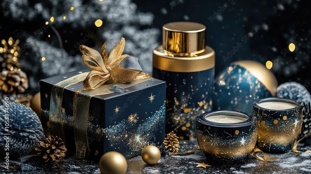 Elegant New Year cosmetic gift set with hand cream, face masks, and perfume, gold accents, Elegant New Year cosmetic gift set with hand cream, face masks, and perfume, gold accents,