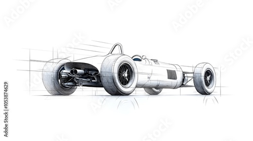 Detailed black and white scratch board capturing the sleek design and speed of a classic race car from a bygone era of motorsport  The vintage automotive has a high contrast