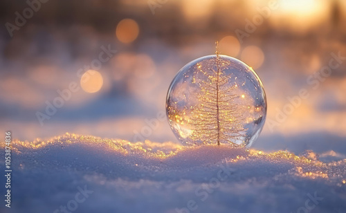 Christmas tree in glass ball on snow. Glitter lights	and festive background
 photo