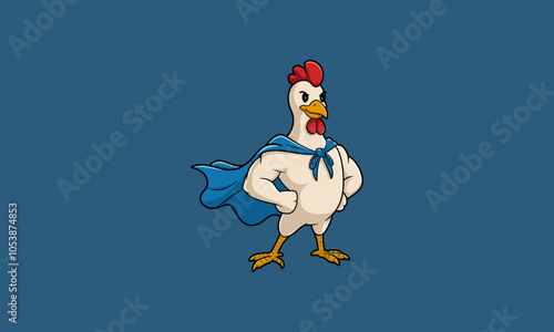 Superhero chicken standing confidently with a cape.