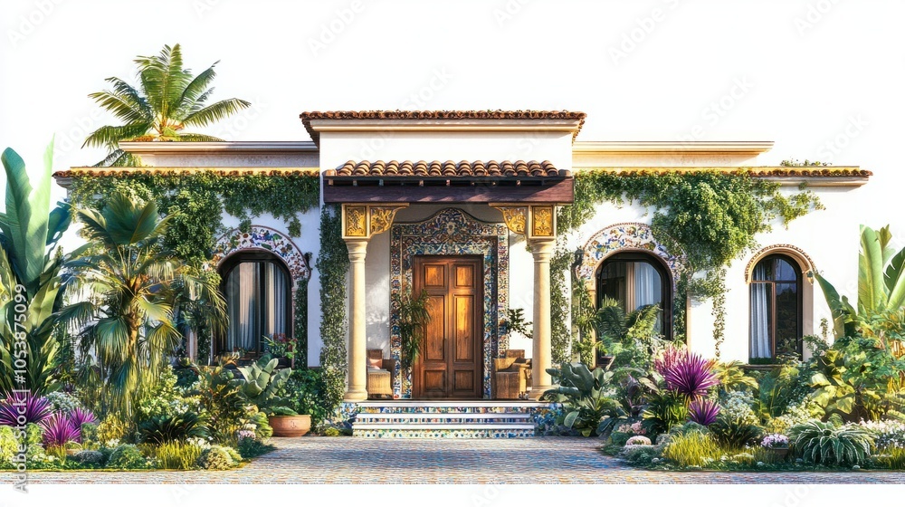 Fototapeta premium beautiful Mediterranean-style villa with colorful tiles and lush greenery, showcased against a plain white backdrop.
