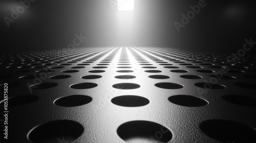 A textured surface with circular holes leading to a bright light.