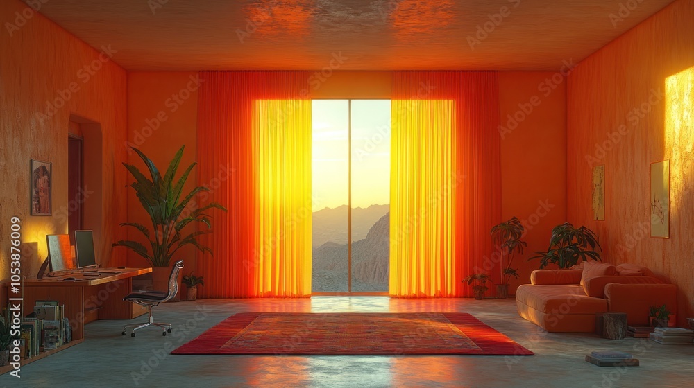 Fototapeta premium Modern Living Room with Sunset View Through Orange Curtains