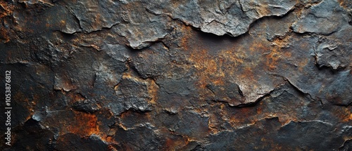 Texture of cracked slate stone with dark tones and rusty highlights, ideal for background usage.