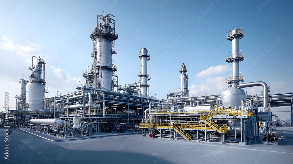 Cutting Edge Fuel Refinery with Intricate Pipeline Network and Advanced Industrial Design Highlighting Innovation in Fuel Processing and Production Cutting Edge Fuel Refinery with Intricate Pipeline Network and Advanced Industrial Design Highlighting Innovation in Fuel Processing and Production