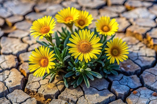 Resilient Spanish aizoon succulent with flowers blooming in cracked ground silhouette photo