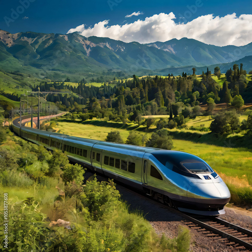 Modern Train Speeding Through Scenic Landscape with Passengers Awaiting at Station