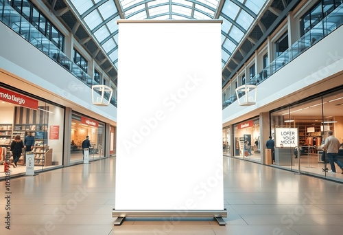 Blank Roll Up Banner Mockup in Modern Shopping Mall Interior