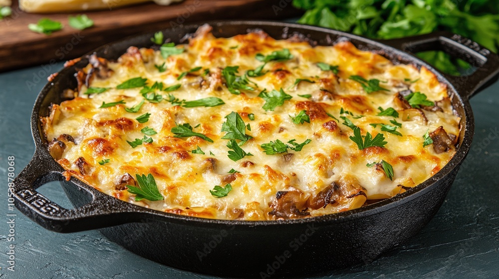 Creamy Garlic Mushrooms in Cast Iron Pan: Sautéed mushrooms in a creamy garlic sauce served in a cast iron pan, garnished with fresh herbs and cheese Creamy Garlic Mushrooms in Cast Iron Pan: Sautéed mushrooms in a creamy garlic sauce served in a cast iron pan, garnished with fresh herbs and cheese