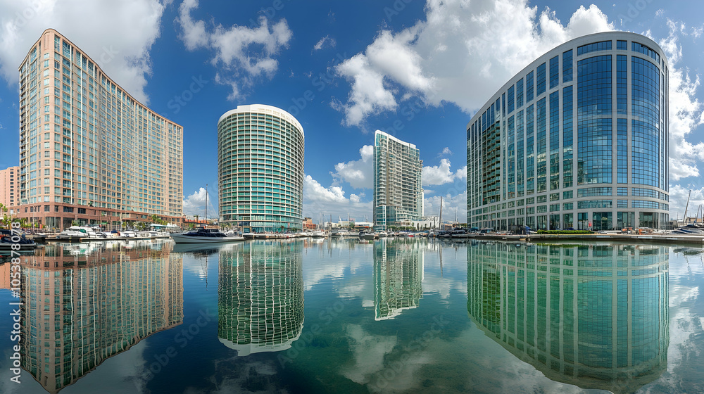 Obraz premium Modern Skyscrapers Reflecting in Calm Water, high-rise, high-rises, building, buildings, architecture