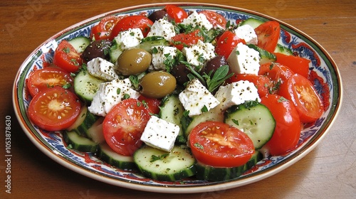 Greek Salad with Feta and Olives: A vibrant Greek salad with tomatoes, cucumbers, olives, and feta cheese, served in a colorful bowl, garnished with oregano photo