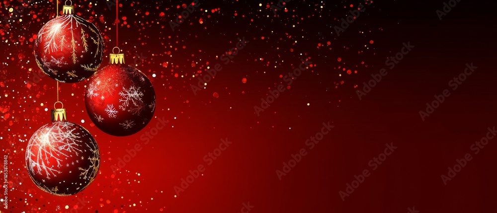 Three red Christmas ornaments hanging from a red background Three red Christmas ornaments hanging from a red background