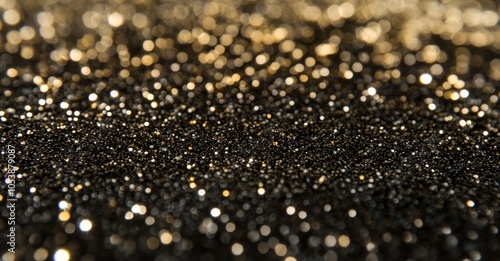 Light glitter and gold sparkles on gold particles fluid. Stars or dust particles sparkles with a bokeh effect.