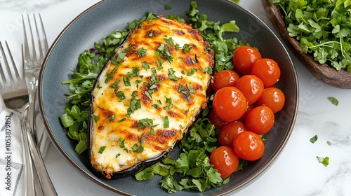 Keto Eggplant Lasagna on a Plate: Layers of eggplant, cheese, and sauce presented as a beautiful lasagna slice, served on a rustic plate with a side salad photo