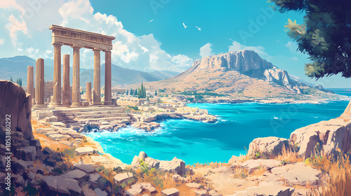 Ancient ruins overlooking the crystal blue waters of the aegean sea in lindos, greece, acropolis, ancient, ruins. Crystal Blue Waters. Illustration