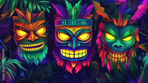 Three vibrant, glowing tribal masks surrounded by tropical foliage.