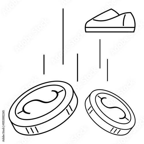 Coins and shoe with falling lines, conveying themes of socioeconomic disparity and debt. Ideal for discussing finance, economy, societal issues, inequality, debt, poverty, and economic imbalance