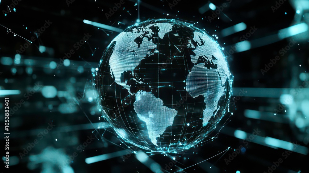 Obraz premium A digital representation of Earth with a network of lines and points, symbolizing connectivity.