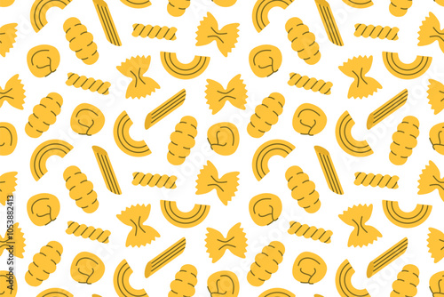 seamless pattern with different pasta types: penne; farfalle; fusilli, tortellini and gnocchi - vector illustration