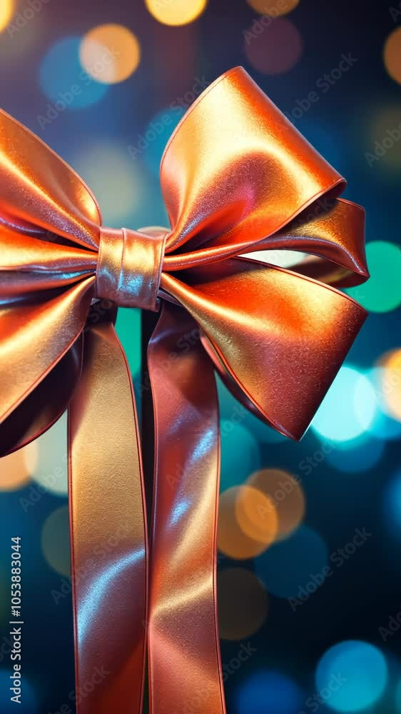 Shiny orange bow with bokeh lights, festive decoration. Holiday celebration concept Shiny orange bow with bokeh lights, festive decoration. Holiday celebration concept