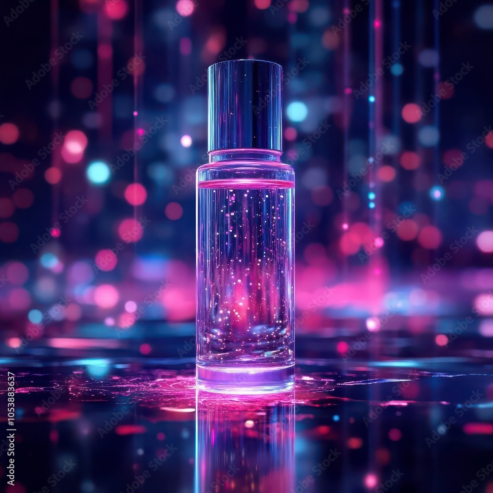 Ultrapremium skincare bottle with holographic elements, floating in a digital virtual environment, closeup, luxury feel, futuristic neonlit design