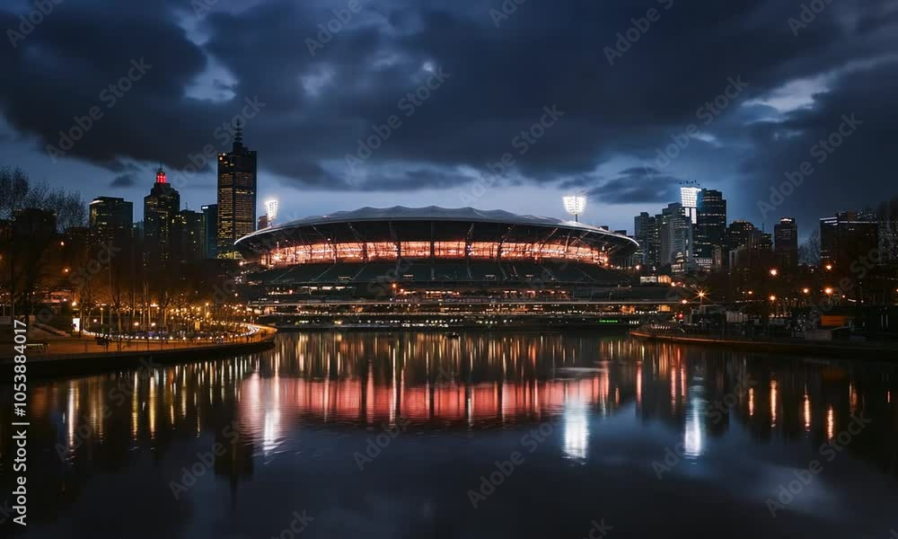 A stadium illuminated at dusk, reflecting on a calm water surface.