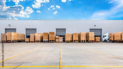 Delivery trucks lined up outside a warehouse, ready for dispatch photo