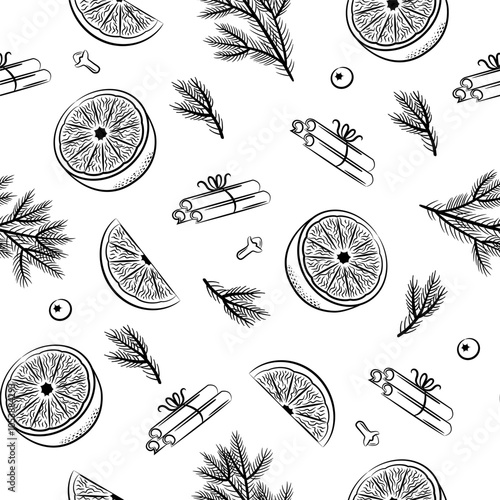 Ingredients for mulled wine and pine branches. Orange, star anise, cinnamon, cloves. Seamless pattern on white background.