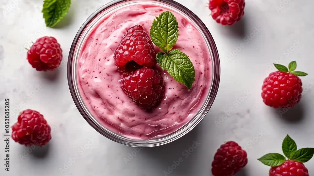 A glass of raspberry smoothie topped with fresh raspberries and mint on a white marble surface A glass of raspberry smoothie topped with fresh raspberries and mint on a white marble surface