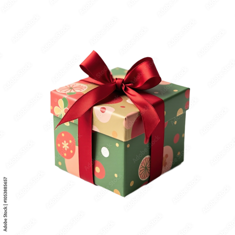 Obraz premium Gift box with red ribbon and floral pattern. Center framed gift with colorful ribbon tied in bow. transparent background contrasts with gift and ribbon. Elegance and style of gift box and ribbon
