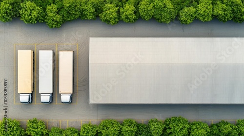 Delivery trucks lined up outside a warehouse, ready for dispatch photo