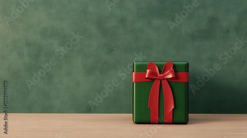 Green Christmas gift box with red ribbon on wooden surface against textured green background photo