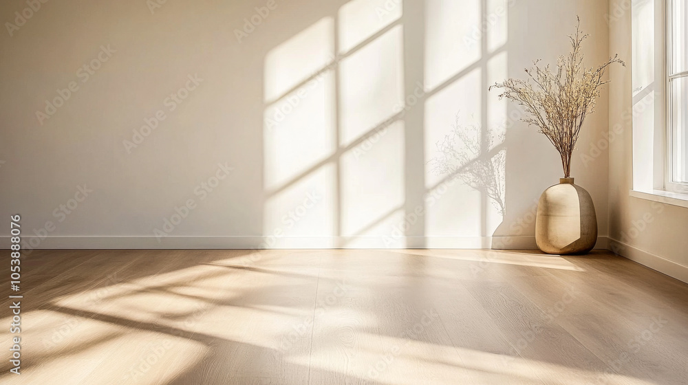 Bright natural light streaming through large windows in a minimalist room with a vase Bright natural light streaming through large windows in a minimalist room with a vase