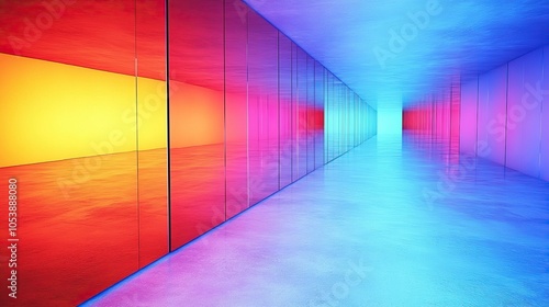 A long hallway with a rainbow of colors reflected in the glass walls. The colors are bright and vibrant, creating a sense of energy and excitement photo