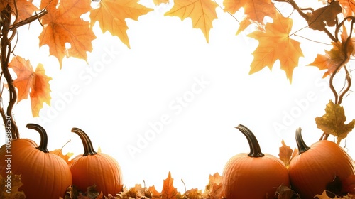 Autumn leaf frame adorned with vibrant pumpkins and colorful fall foliage, set against a clean white background. This seasonal decoration captures the essence of harvest time, inviting warmth and nost photo