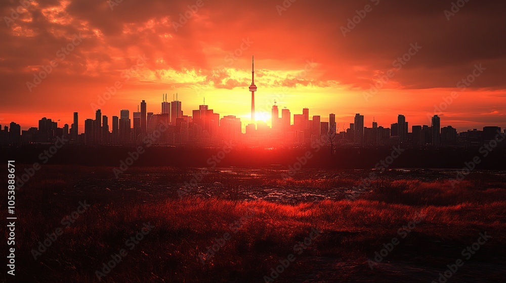 Naklejka premium Toronto Skyline at Sunset with Dramatic Colors