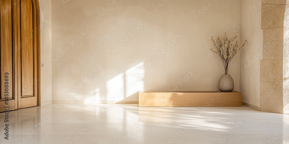 Fototapeta premium Bright, minimalistic interior of a spacious living area with wooden accents and natural light
