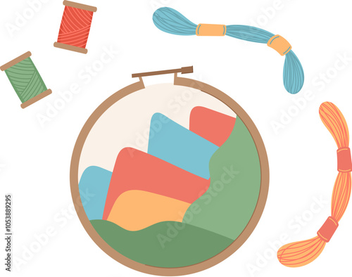 Flat illustration of sewing and embroidery craft kit with colorful yarn and thread. Cute DIY activity for children adults. Concept of handmade crafts, creative hobbies, fun projects.