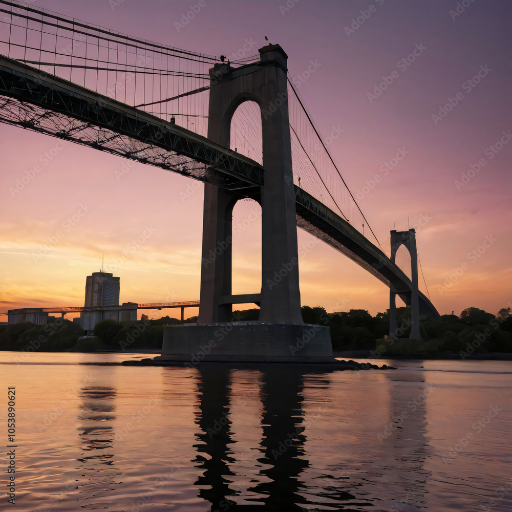 Fototapeta premium Majestic Suspension Bridge Over Calm River at Sunset with Silhouetted Steel Cables