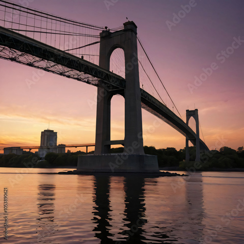 Majestic Suspension Bridge Over Calm River at Sunset with Silhouetted Steel Cables