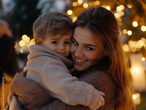 Close-up of a mother hugging her child