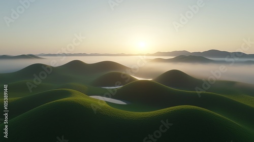 Lush hills bathed in soft sunlight, enveloped in mist, creating a serene and tranquil landscape scene.